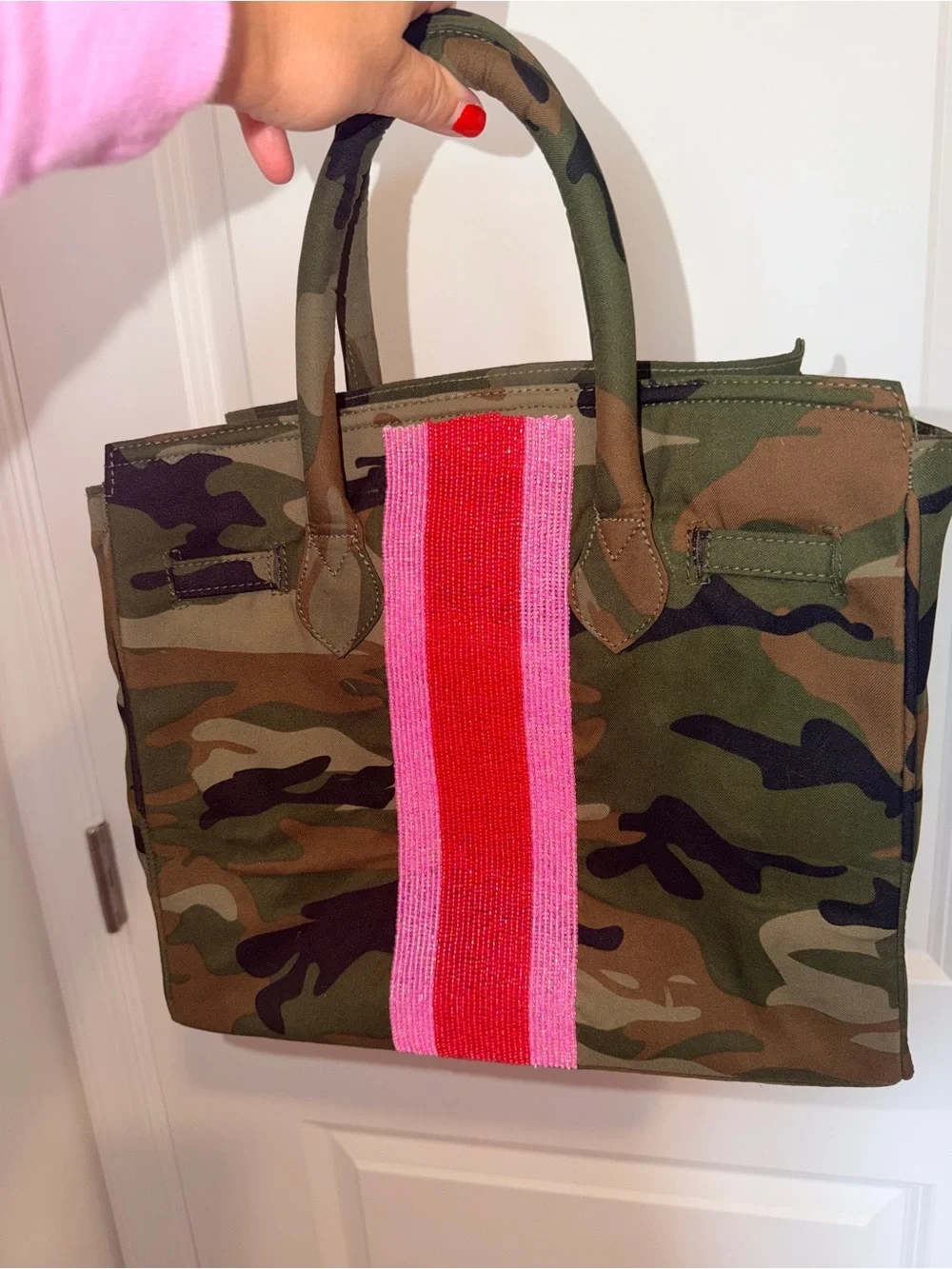Tiana Camo Tote Bag Beaded Pink & Red Stripe “ALP” Monogram Bottom Right Corner